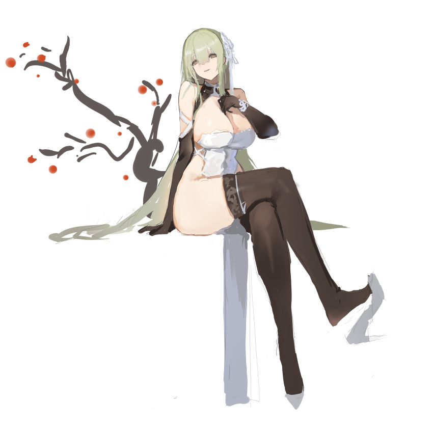 absurdres, black_thighhighs, breasts, china_dress, chinese_clothes, commentary_request, dress, green_hair