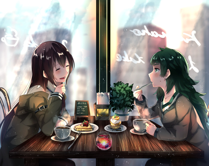 2girls, cafe, cake, closed_eyes, commentary_request, eating, food, green_eyes