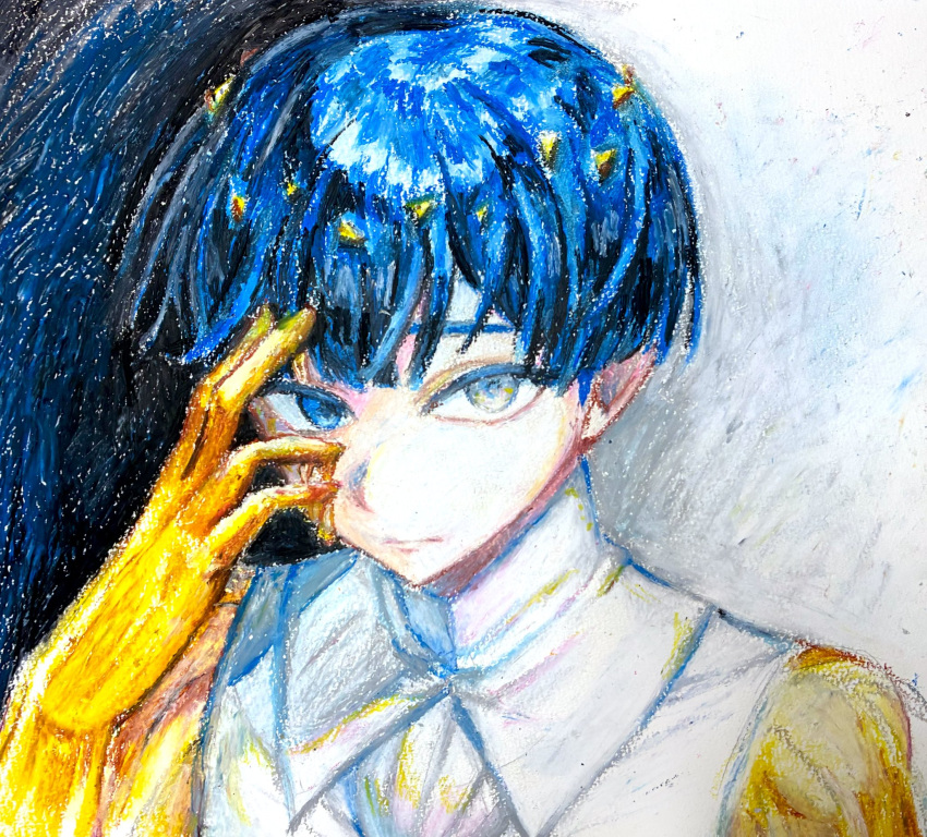 1other, blue_eyes, blue_hair, commentary_request, crayon_(medium), ghg780850545501, golden_arms, hand_on_own_face