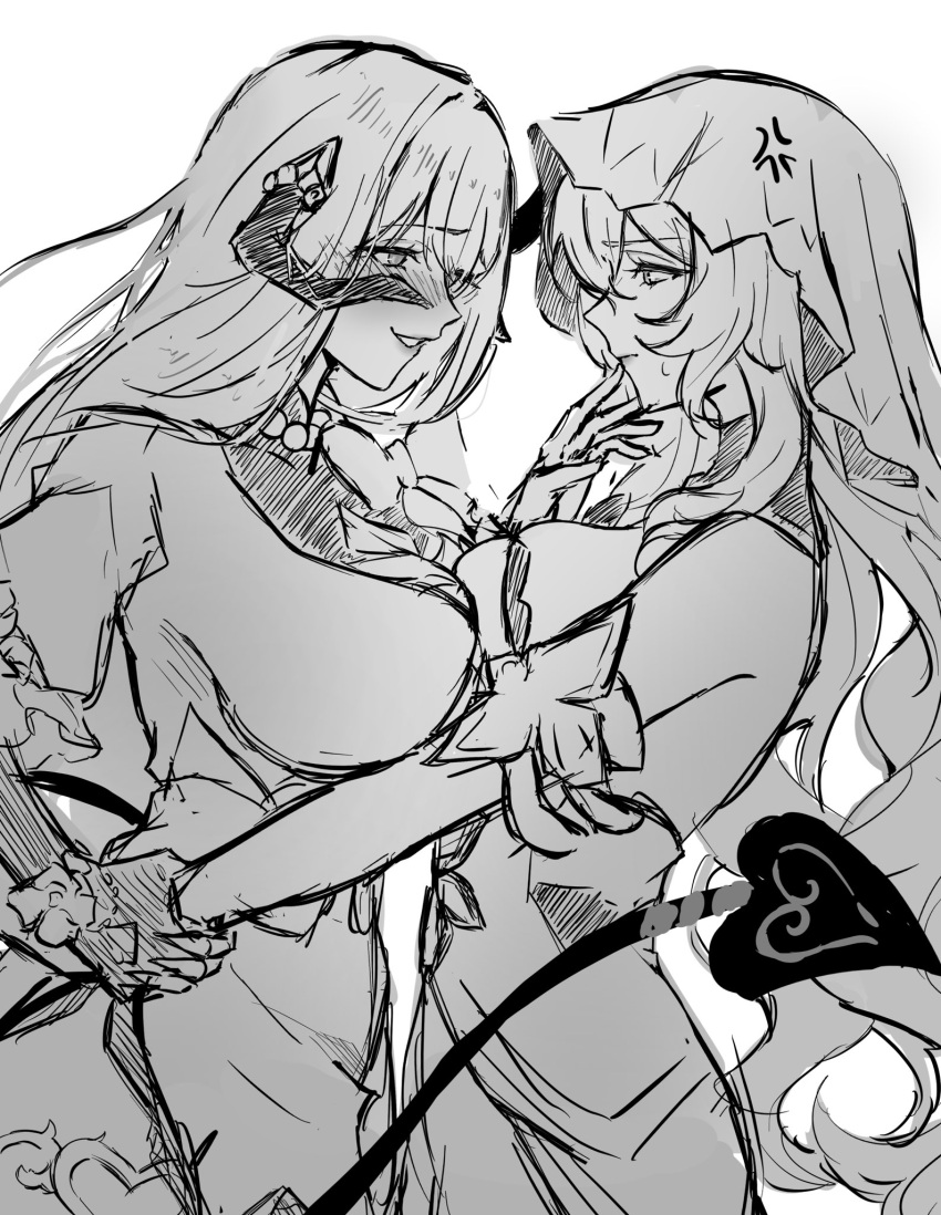 2girls, anger_vein, black_swan_(honkai:_star_rail), blush, breasts, commentary, demon_tail, dress