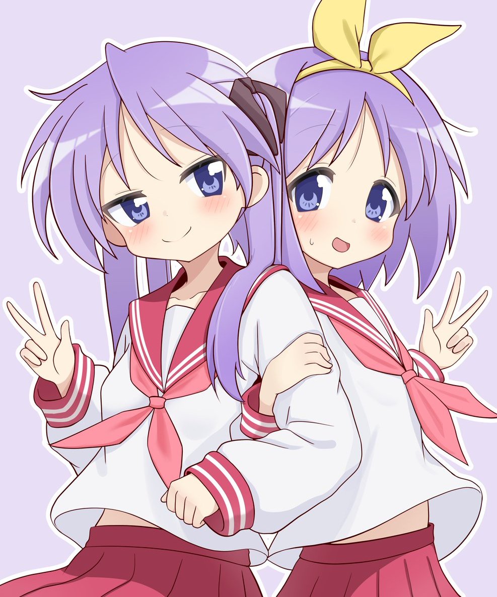 2girls, :d, black_ribbon, blue_eyes, blush, bow_hairband, closed_mouth, collarbone, commentary_request, cowboy_shot, hair_ribbon, hairband, hand_up, hiiragi_kagami, hiiragi_tsukasa, long_hair, looking_at_viewer, lucky_star, meisoochuu, multiple_girls, neckerchief, open_mouth, outline, pleated_skirt, purple_background, purple_hair, red_neckerchief, red_sailor_collar, red_skirt, ribbon, ryouou_school_uniform, sailor_collar, school_uniform, serafuku, short_hair, siblings, simple_background, sisters, skirt, smile, sweatdrop, twins, w, white_outline, yellow_hairband