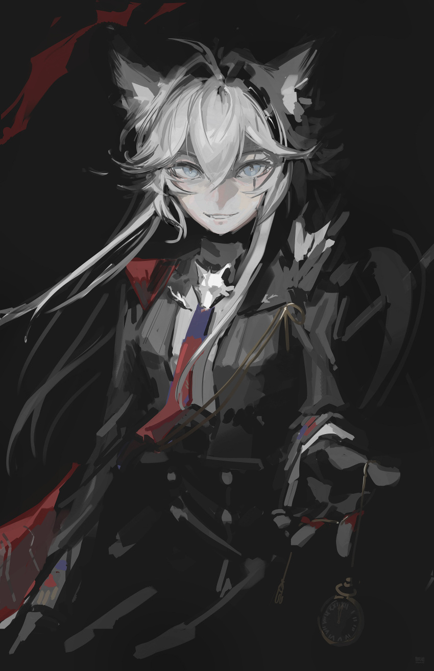 1girl, absurdres, animal_ears, arknights, black_background, black_jacket, blue_necktie, cape