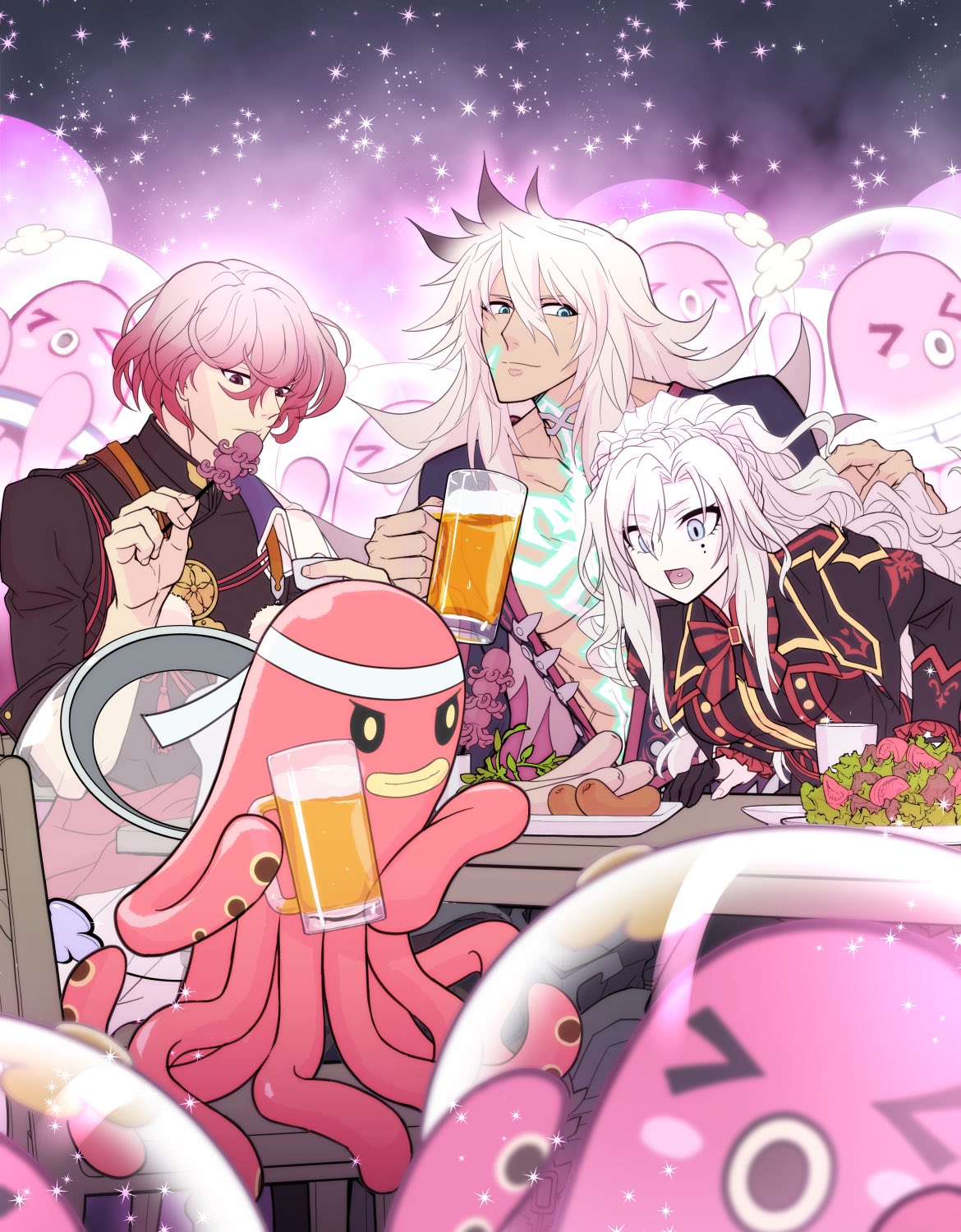 >_<, 1girl, 2boys, alien, beer_mug, braid, commentary_request, crown_braid