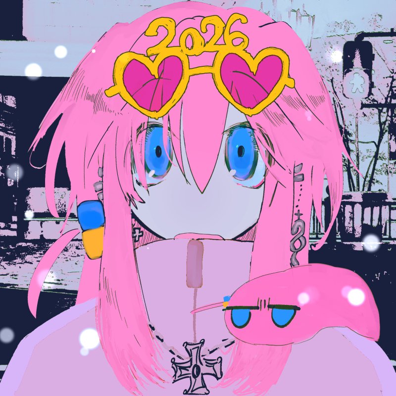 2026, ahoge, blue_eyes, bocchi_the_rock!, commentary_request, cube_hair_ornament, earrings, eyewear_on_head