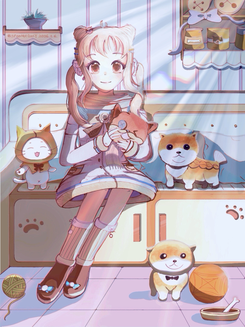 1girl, ^_^, ahoge, animal, ankle_socks, bedroom, black_bow, black_bowtie