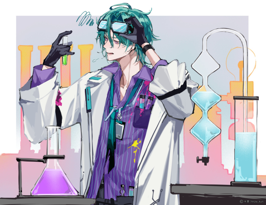 1boy, absurdres, beaker, black_gloves, elias_delborne, eyewear_on_head, first_stage_production, glasses
