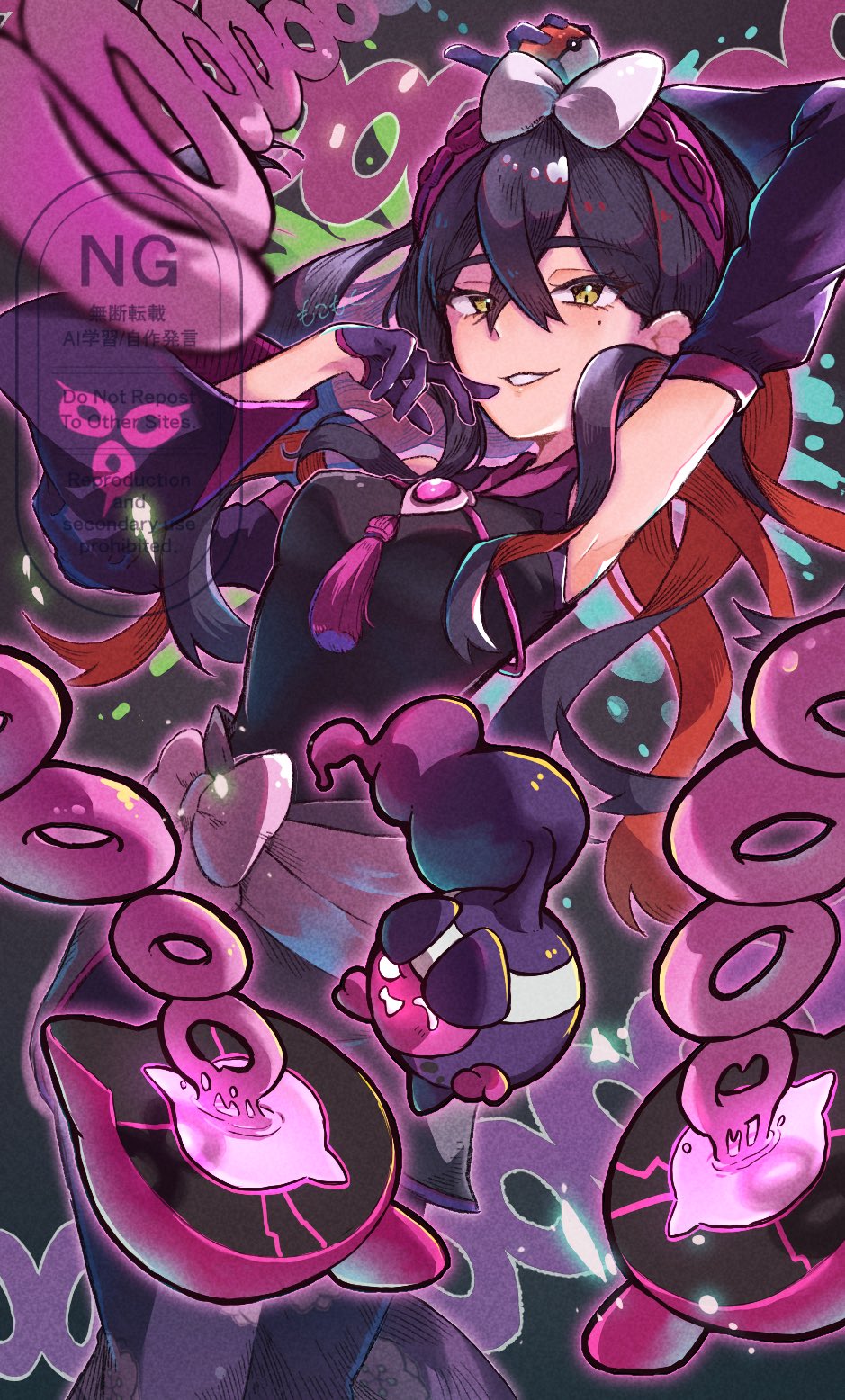 1girl, arm_up, armpits, black_hair, black_kimono, bow, bow_hairband, breasts, carmine_(pokemon), carmine_(sygna_suit)_(pokemon), colored_inner_hair, commentary_request, crossed_bangs, detached_sleeves, gloves, hair_between_eyes, hairband, highres, holding, holding_poke_ball, japanese_clothes, kimono, long_hair, long_sleeves, looking_at_viewer, mkmk_san1126, mole, mole_under_mouth, multicolored_hair, official_alternate_costume, pecharunt, pink_hairband, poke_ball, poke_ball_(basic), pokemon, pokemon_(creature), pokemon_masters_ex, purple_gloves, red_hair, small_breasts, smile, two-tone_hair, white_bow, yellow_eyes
