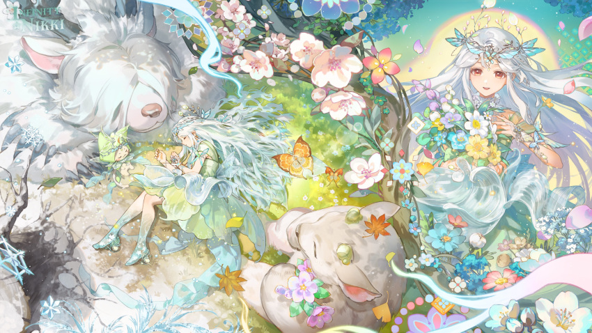 1girl, ^_^, absurdres, animal, artist_request, autumn_leaves, baby_animal, blue_flower