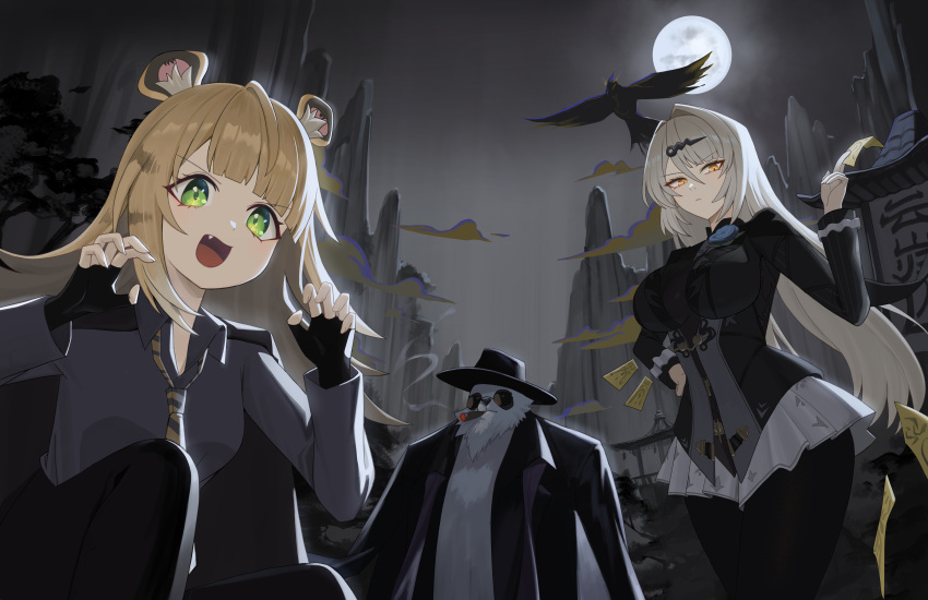 1boy, 2girls, absurdres, alternate_costume, animal_ears, bird, black_gloves, black_hat