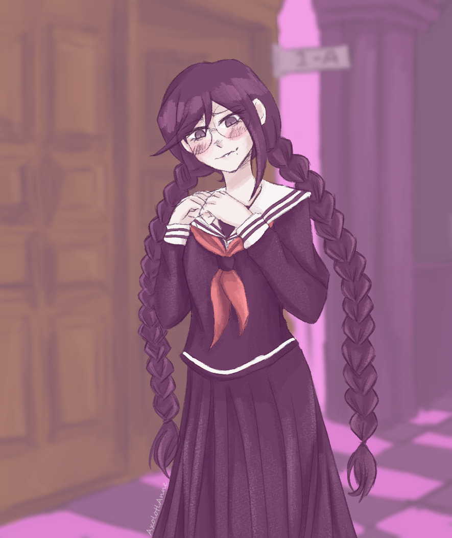 1girl, artist_name, axolotl-anne, blurry, blurry_background, blush, braid, checkered_floor, collared_shirt, commentary, danganronpa:_trigger_happy_havoc, danganronpa_(series), door, english_commentary, eyelashes, fukawa_toko, glasses, indoors, long_hair, long_skirt, long_sleeves, mole, mole_under_mouth, neckerchief, purple_hair, purple_serafuku, purple_shirt, purple_skirt, red_neckerchief, round_eyewear, sailor_collar, school_uniform, serafuku, shirt, skirt, skirt_set, smile, solo, twin_braids, twintails, violet_eyes, wavy_mouth, white_sailor_collar