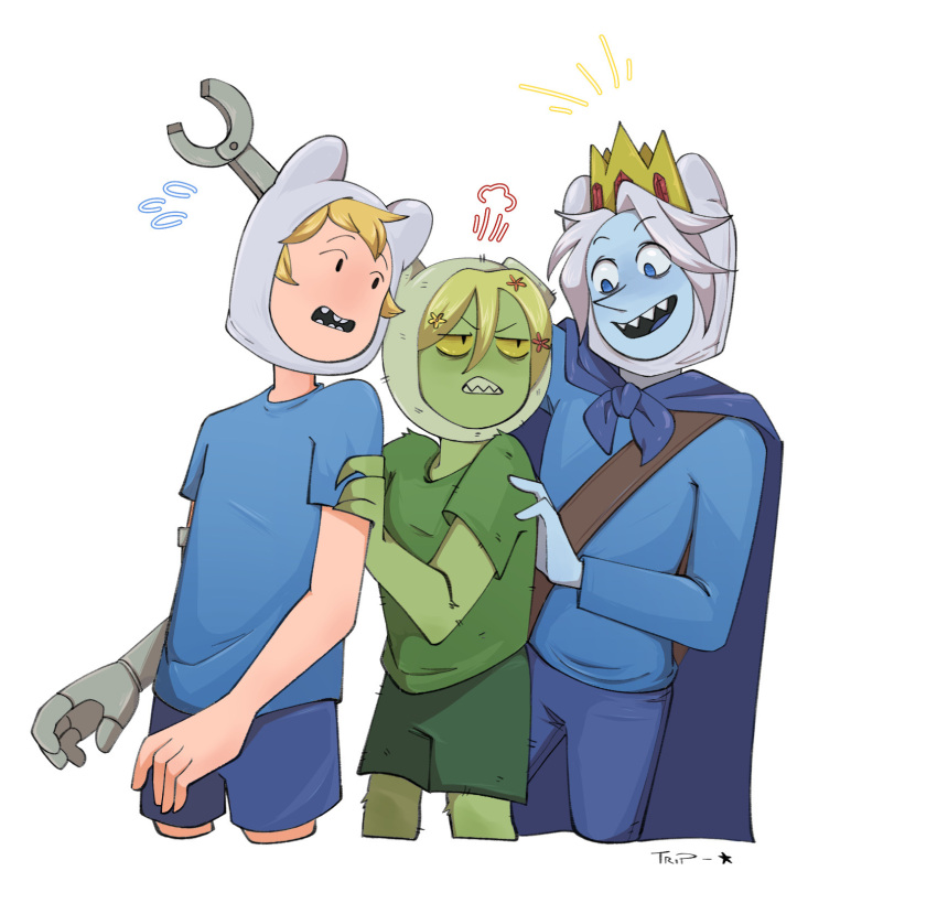 3boys, adventure_time, bear_hat, blonde_hair, blue_eyes, blue_shirt, cape, commentary, crown, dual_persona, english_commentary, farmworld_finn, fern_(adventure_time), finn_the_human, flower, grimace, hair_flower, hair_ornament, hat, highres, ice_crown_(adventure_time), ice_finn, long_sleeves, male_focus, mechanical_arms, monster_boy, multiple_boys, open_mouth, plant_boy, pointy_nose, sharp_teeth, shirt, short_hair, shorts, simple_background, single_mechanical_arm, smile, t-shirt, teeth, tripstarzz, white_background, white_hair