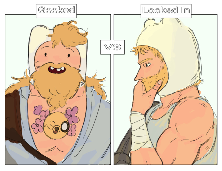 2boys, adventure_time, adventure_time:_fionna_and_cake, animal_hood, bandaged_arm, bandages, bear_hat, bear_hood