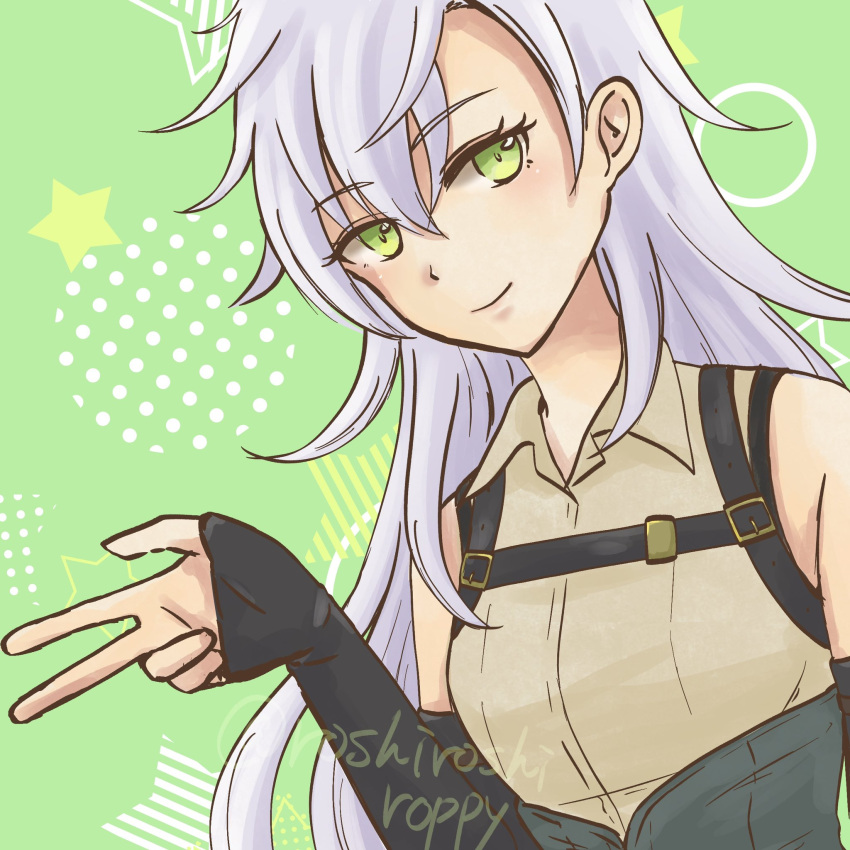1girl, artist_name, belt_pouch, black_sleeves, breasts, commentary_request, curtained_hair, double-parted_bangs