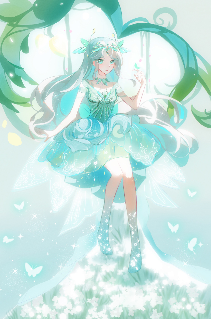 1girl, absurdres, aqua_background, aqua_dress, aqua_eyes, bare_arms, bare_legs, barefoot