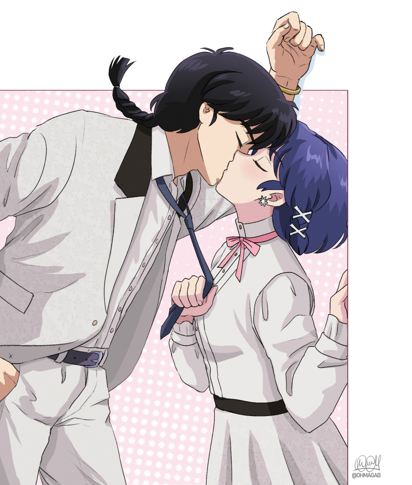 1boy, 1girl, belt, black_hair, blue_hair, closed_eyes, commentary, couple, english_commentary, hetero, highres, kiss, ohmagaby, ranma_1/2, saotome_ranma, shirt, short_hair, signature, tendou_akane, white_shirt