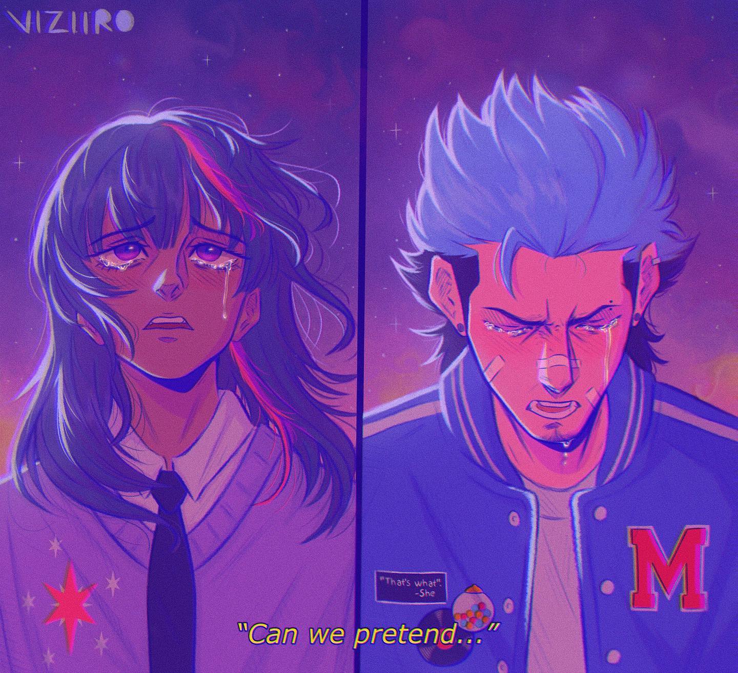 1boy, 1girl, artist_name, bandage_on_face, bandages, black_necktie, blue_hair, blue_jacket