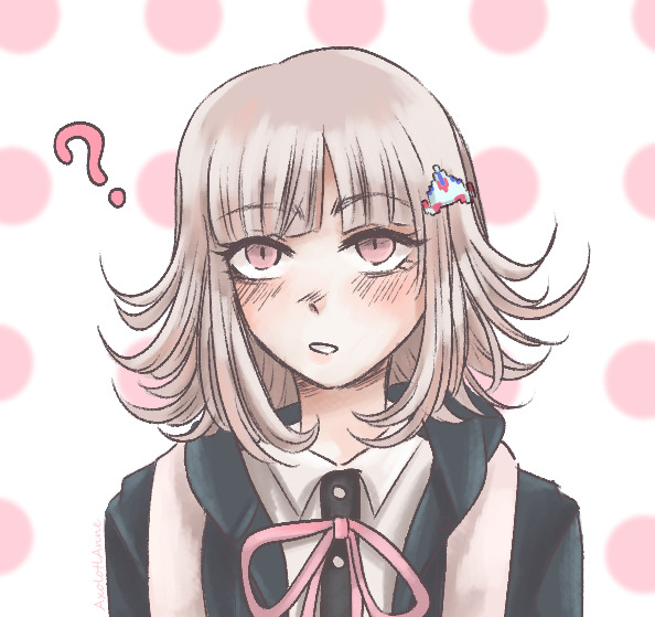 1girl, ?, axolotl-anne, blunt_bangs, blush, collared_shirt, commentary, danganronpa_(series)