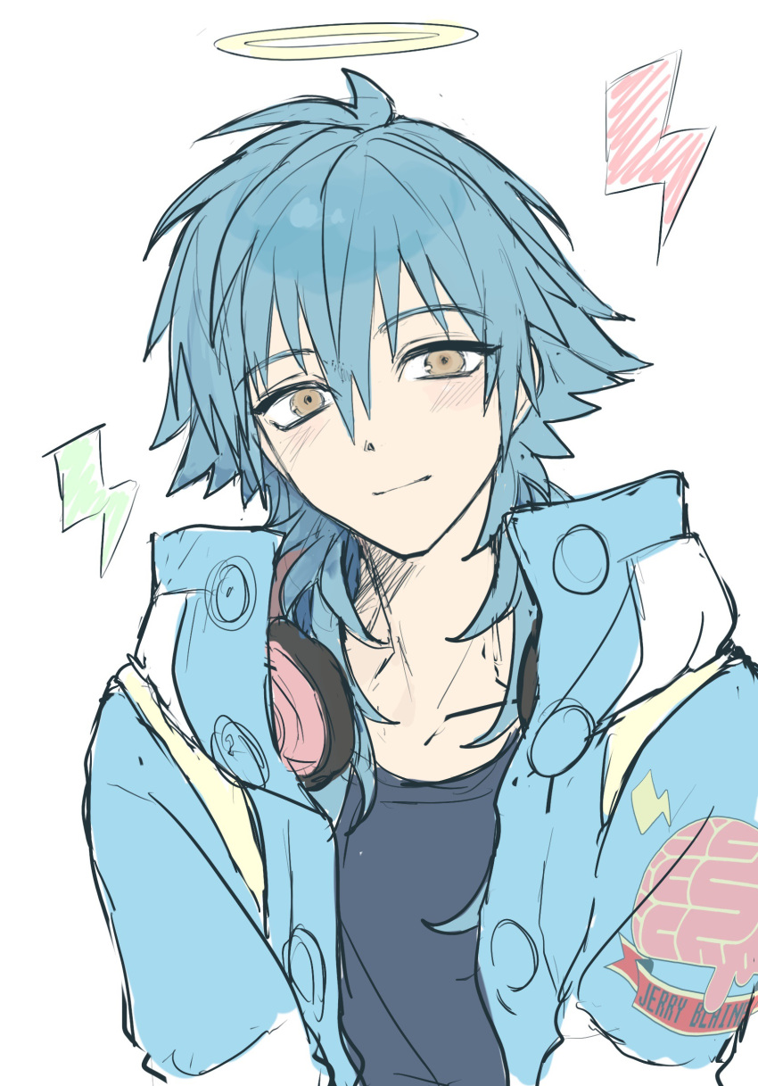 1boy, blue_hair, blue_jacket, blue_shirt, chinese_commentary, commentary_request, dramatical_murder, hair_between_eyes