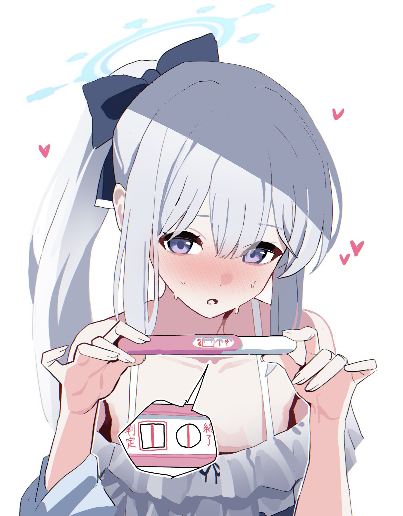 1girl, :o, blue_archive, blush, commentary_request, dress, embarrassed, grey_dress, halo, heart, highres, holding, holding_pregnancy_test, implied_pregnancy, long_hair, long_sleeves, looking_at_viewer, noa_(blue_archive), ponytail, pregnancy_test, simple_background, solo, sweat, tirano_tenchou, upper_body, violet_eyes, white_background, white_hair