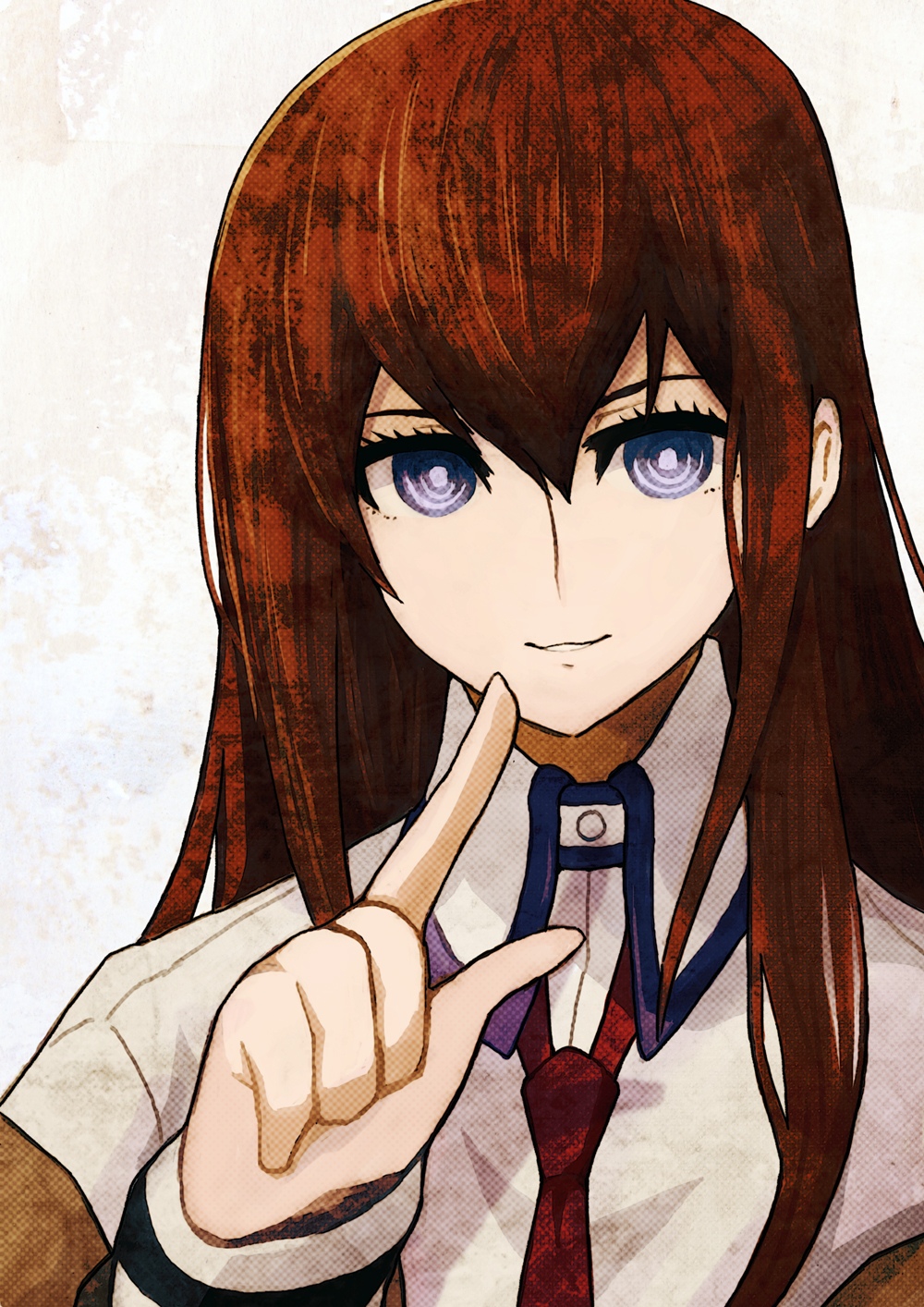 1girl, brown_jacket, dress_shirt, grin, highres, jacket, jacket_partially_removed, looking_at_viewer