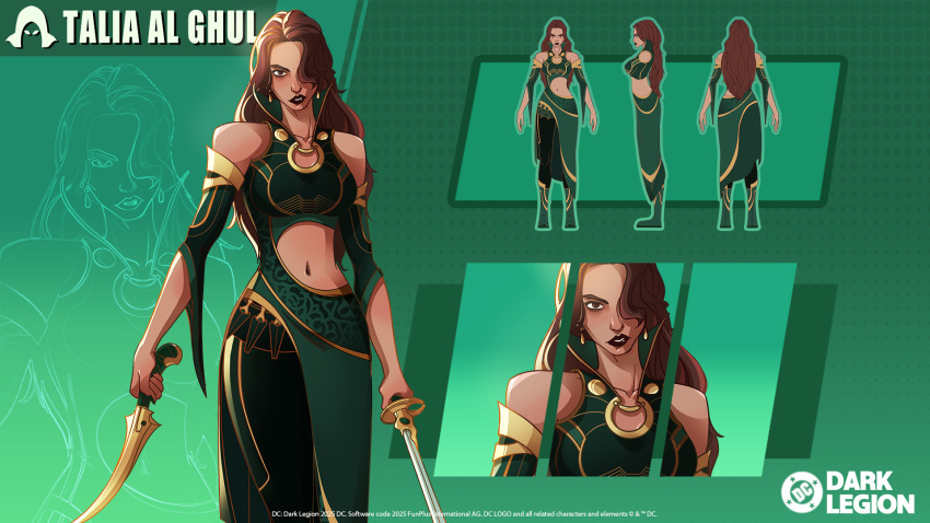 bare_shoulders, black_lips, boots, brown_eyes, brown_hair, clothing_cutout, commentary, dc:_dark_legion