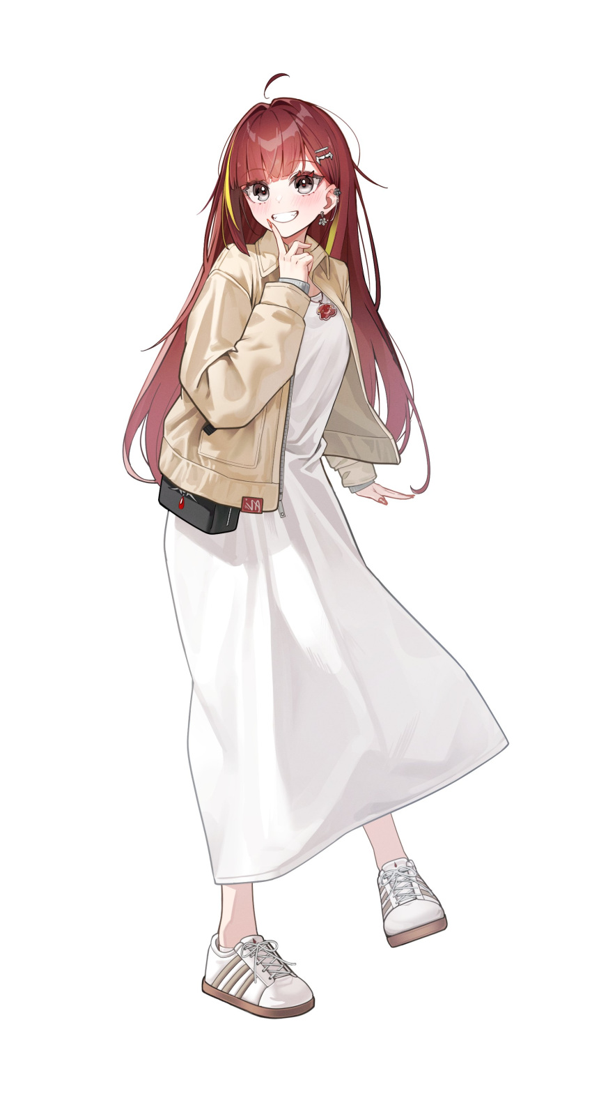1girl, absurdres, ahoge, akane_lize, arm_at_side, brown_jacket, collared_jacket, commentary_request, dress, ear_chain, earrings, fake_nails, fingernails, firehippo, flower_earrings, grey_eyes, grin, hair_intakes, hair_ornament, hairclip, hand_up, highres, index_finger_raised, jacket, jewelry, korean_commentary, linked_piercing, long_dress, long_fingernails, long_hair, long_sleeves, looking_at_viewer, multicolored_hair, open_clothes, open_jacket, parted_bangs, piercing, pigeon-toed, red_hair, red_nails, shoes, simple_background, smile, sneakers, solo, standing, stellive, streaked_hair, unzipped, virtual_youtuber, white_background, white_dress, white_shoes