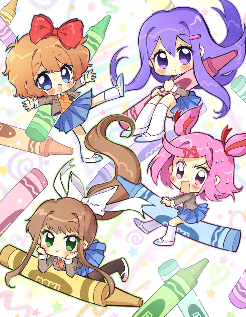 4girls, black_pantyhose, blue_eyes, blue_skirt, blush, bow, brown_hair, chibi