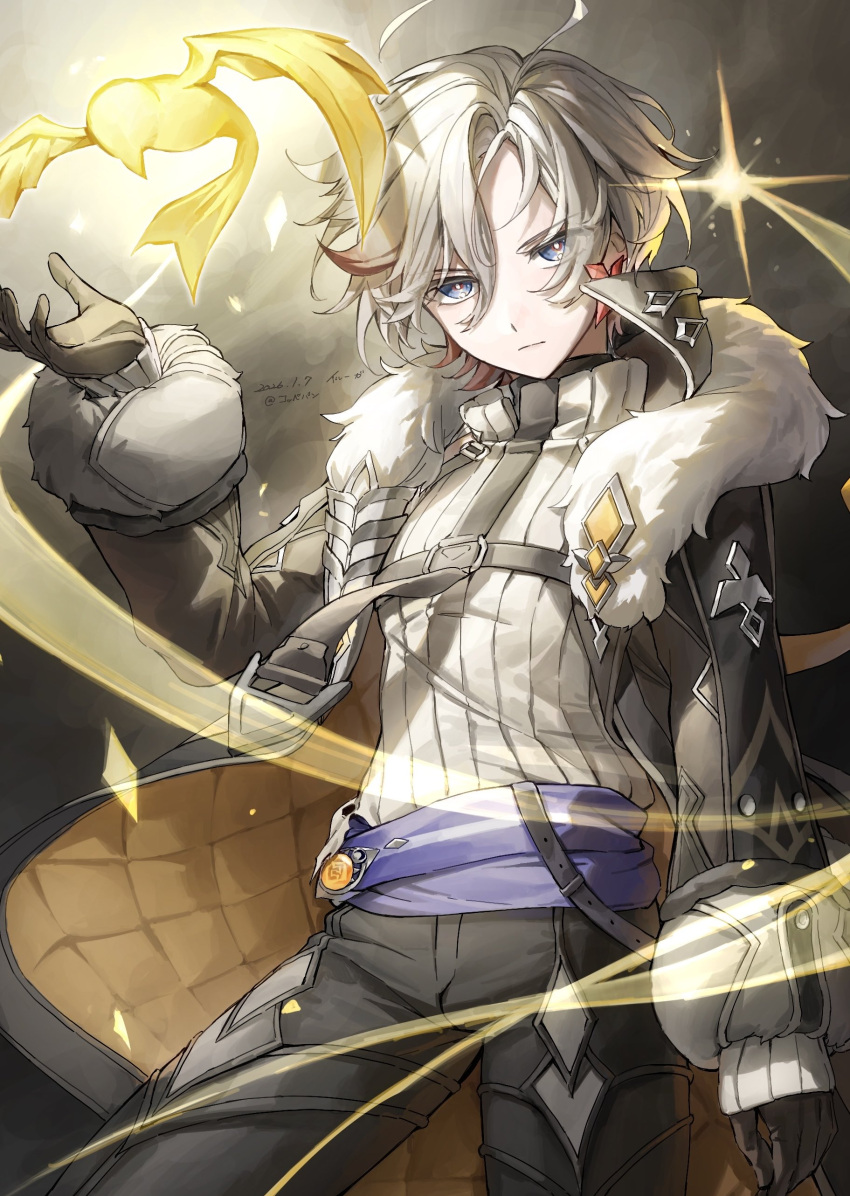 1boy, absurdres, black_coat, black_gloves, black_pants, blue_eyes, chest_harness, closed_mouth