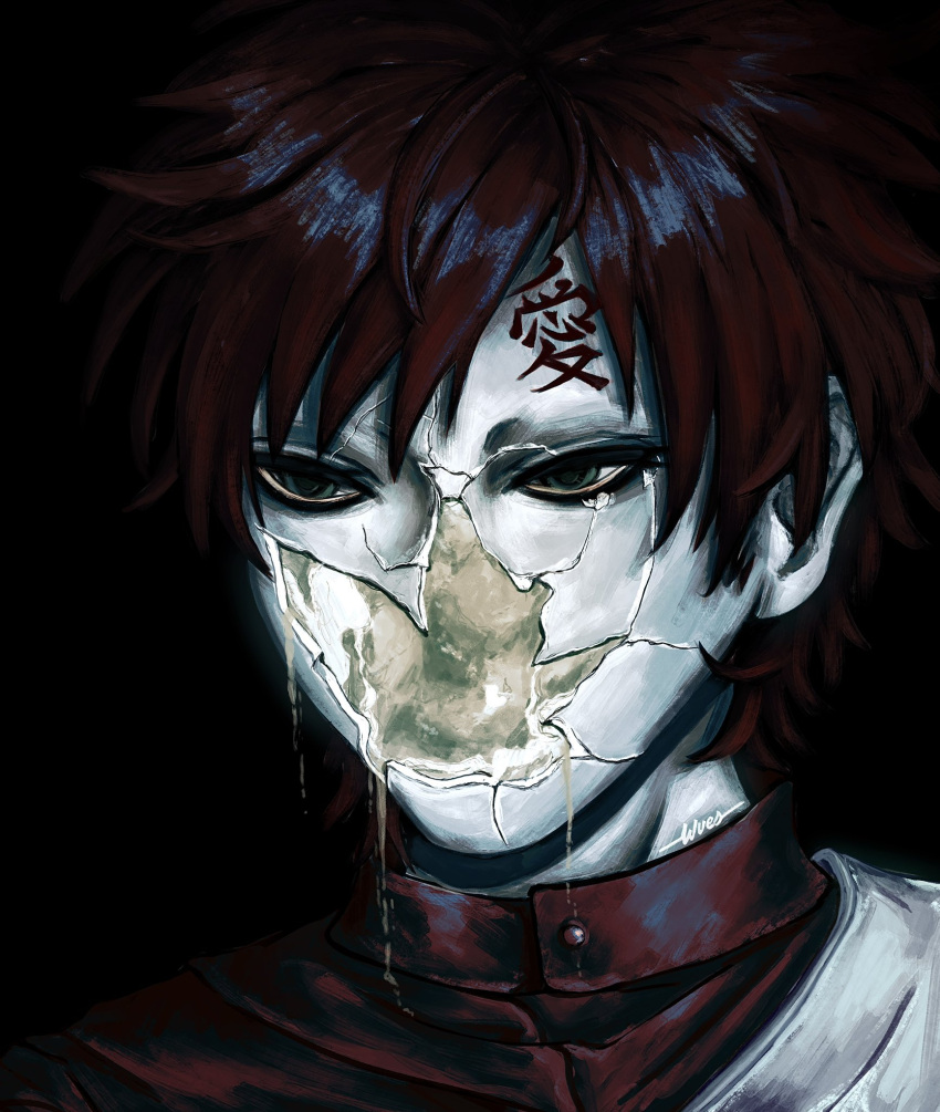 1boy, black_background, broken_skin, cracked_skin, facial_mark, forehead_tattoo, gaara_(naruto), hashtag-only_commentary