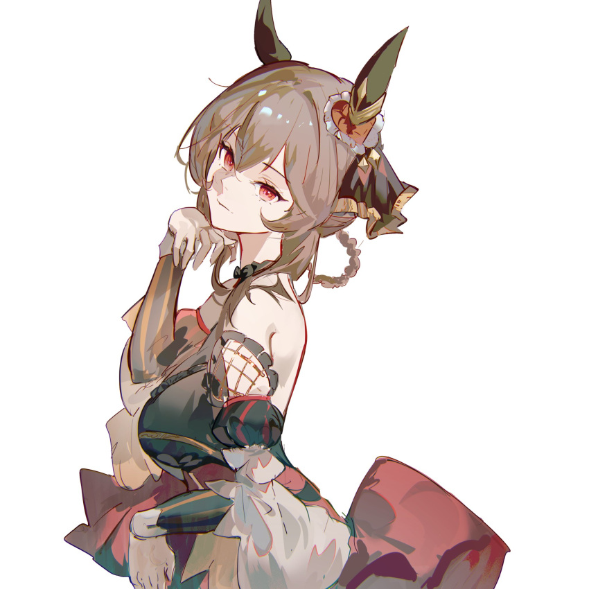 1girl, animal_ears, black_dress, black_sleeves, breasts, brown_hair, closed_mouth, commentary
