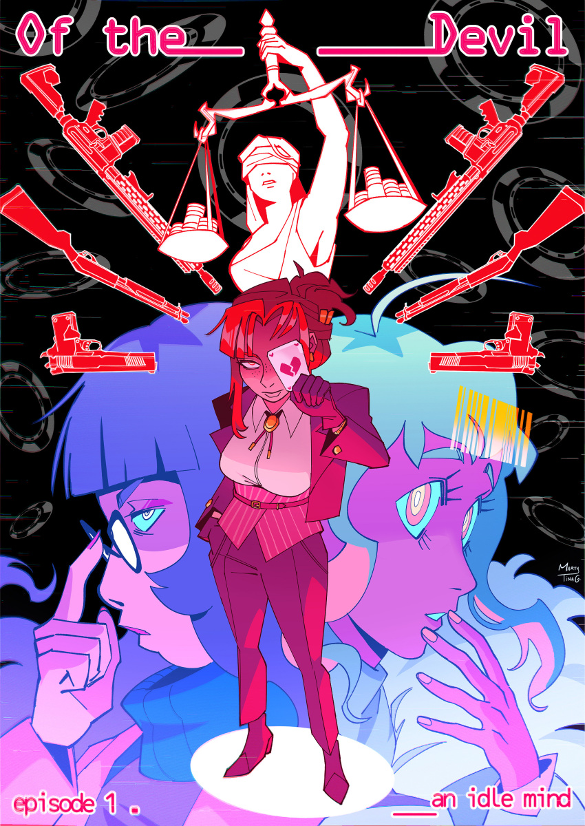 3girls, absurdres, adjusting_eyewear, alt_text, artist_name, barcode, belt, black_background