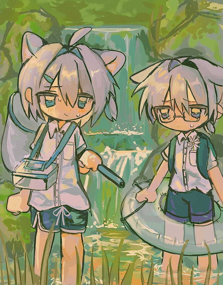 2boys, absurdres, animal_ears, butterfly_net, cat_boy, cat_ears, collared_shirt, commentary_request