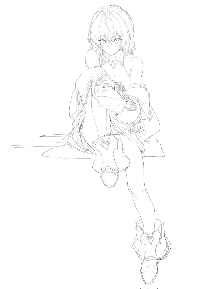 1girl, alucard_pie, ange_katrina, ange_katrina_(summer_casual), ankle_boots, bare_shoulders, boots, coat