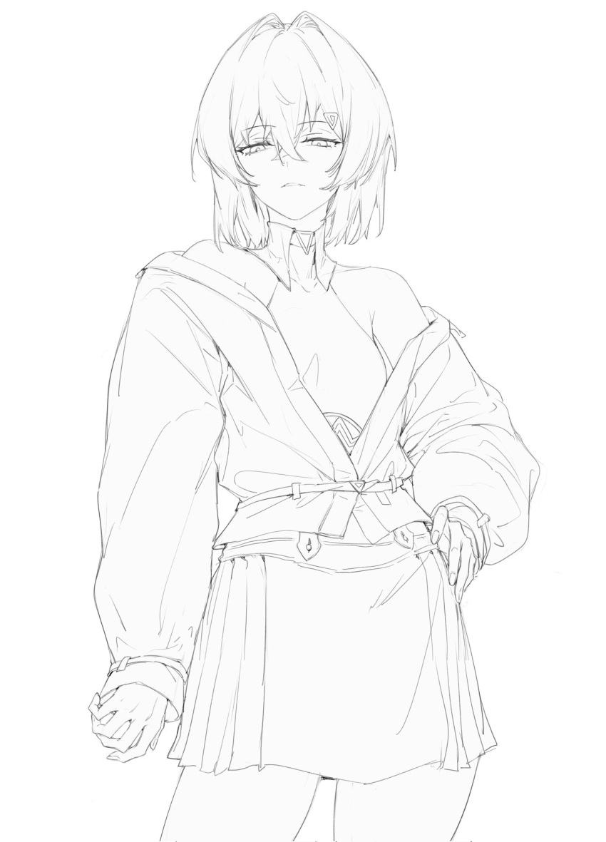 1girl, alucard_pie, ange_katrina, ange_katrina_(summer_casual), bare_shoulders, belt, collared_halterneck, commentary