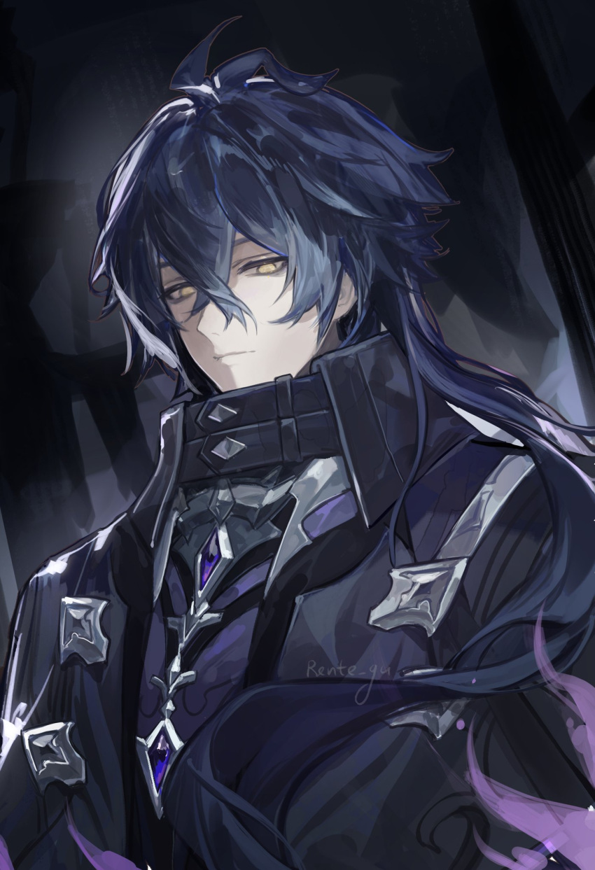 1boy, ahoge, antenna_hair, artist_name, black_background, black_coat, black_hair, chest_jewel