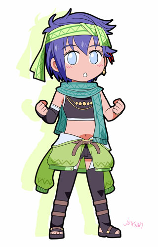 1girl, artist_name, bike_shorts, blue_eyes, chibi, commentary_request, cropped_rash_guard, eiyuu_densetsu, feri_al-fayed, floating_scarf, green_headband, green_scarf, headband, kai_no_kiseki, kuro_no_kiseki_(series), kuro_no_kiseki_i, looking_at_viewer, lowres, mullet, open_mouth, purple_hair, sandals, scarf, short_hair, simple_background, thigh-highs, xiacheng_tatsuya