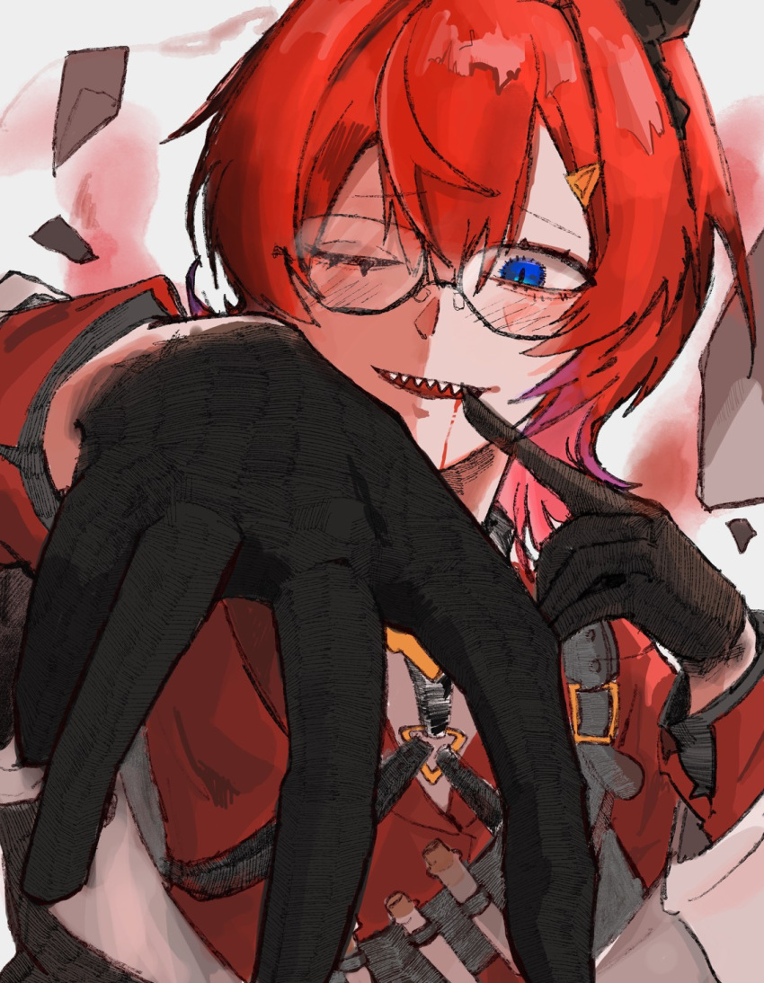 1girl, ange_katrina, bandolier, belt, black-framed_eyewear, black_gloves, blood, blood_from_mouth