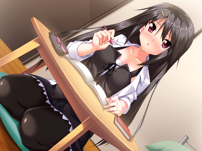 1girl, black_dress, black_hair, black_pants, blush, book, cushion, dress