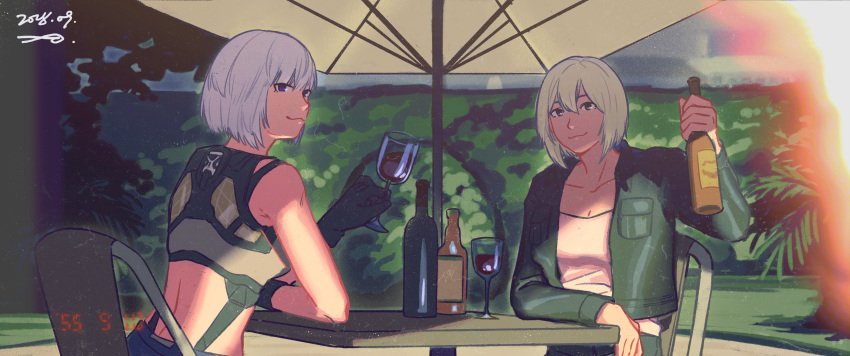 2girls, absurdres, alcohol, bottle, breasts, commentary_request, cup, gloves