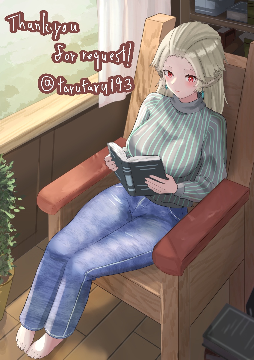 1girl, barefoot, book, book_stack, bookshelf, breasts, chair, closed_mouth, commentary_request, day, denim, earrings, full_body, highres, holding, holding_book, indoors, jeans, jewelry, large_breasts, long_sleeves, neilnail_(xenoblade), pants, plant, potted_plant, reading, red_eyes, sitting, smile, solo, tarutaru193, window, xenoblade_chronicles_(series), xenoblade_chronicles_x