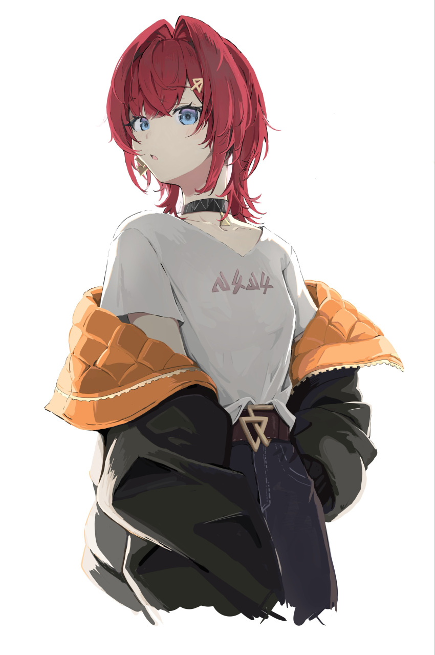1girl, absurdres, ange_katrina, ange_katrina_(casual), belt, black_choker, black_jacket, blue_eyes