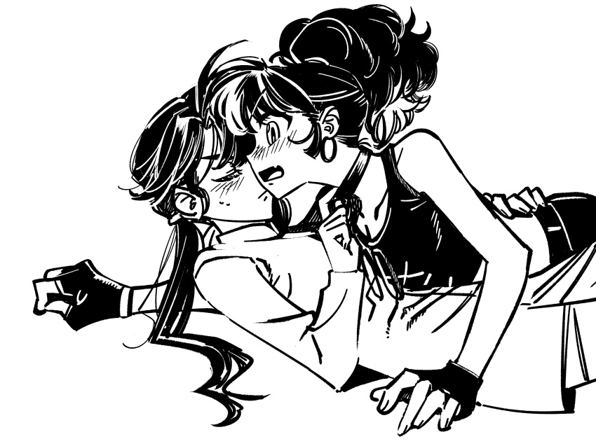 2girls, an-an_lee, bare_shoulders, blush, choker, closed_eyes, closed_mouth, commentary_request