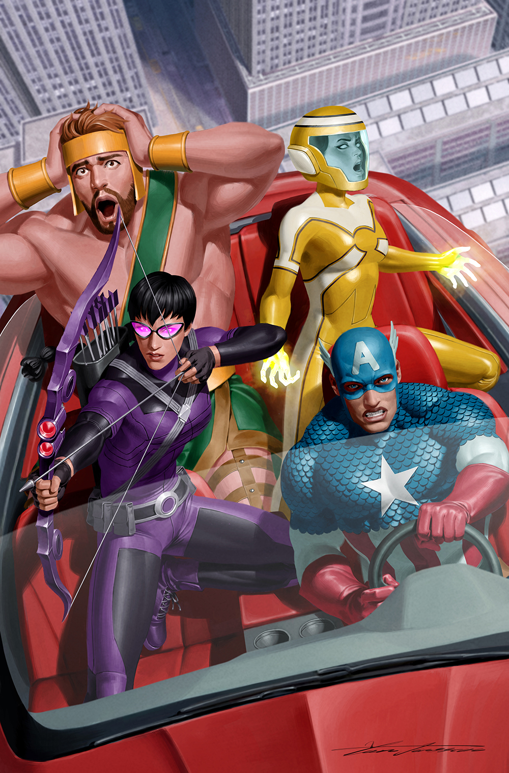 2boys, 2girls, aiming, arrow_(projectile), avengers_(series), beard, black_hair, blue_bodysuit