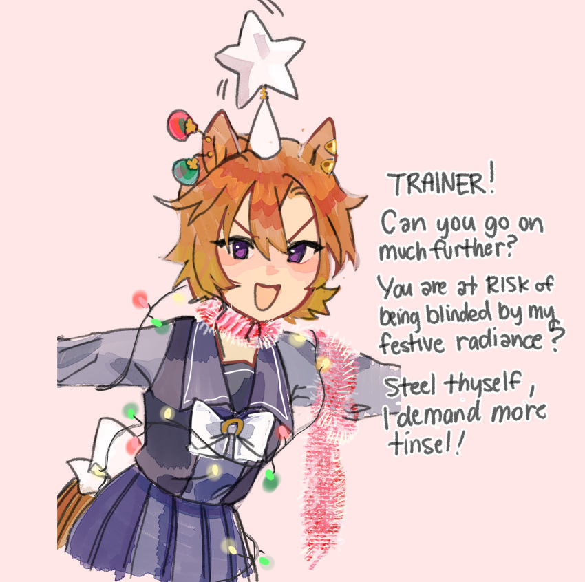 1girl, animal_ears, bow, bowtie, christmas, christmas_lights, christmas_ornaments, commentary, cropped_arms, dungeonbgm, earrings, english_commentary, hat, hat_ornament, highres, horse_ears, horse_girl, horse_tail, jewelry, looking_at_viewer, open_mouth, orange_hair, outstretched_arms, party_hat, pleated_skirt, scarf, school_uniform, short_hair, skirt, smile, solo, star_(symbol), star_hat_ornament, t.m._opera_o_(umamusume), tail, tinsel, tracen_school_uniform, umamusume, v-shaped_eyebrows, violet_eyes
