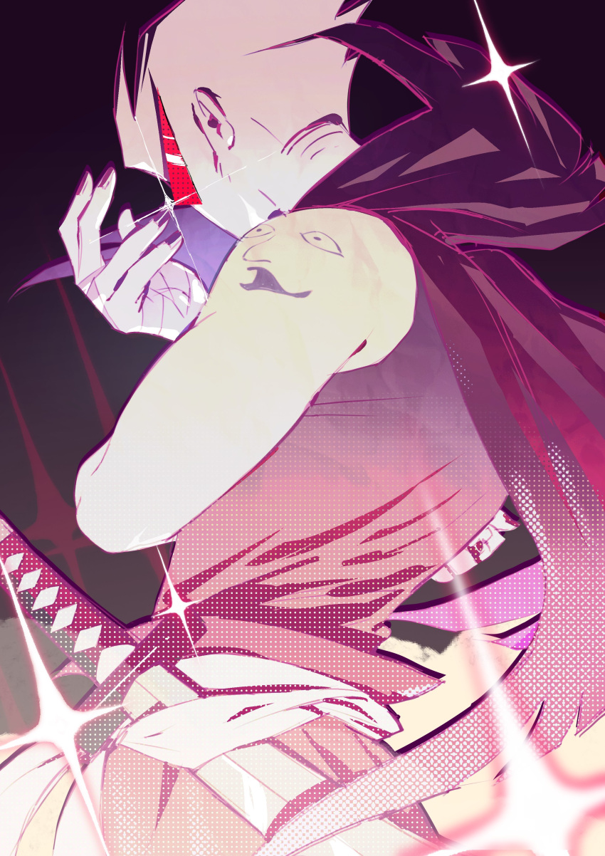1boy, absurdres, arm_tattoo, bandaged_hand, bandages, black_background, black_nails, brown_pants