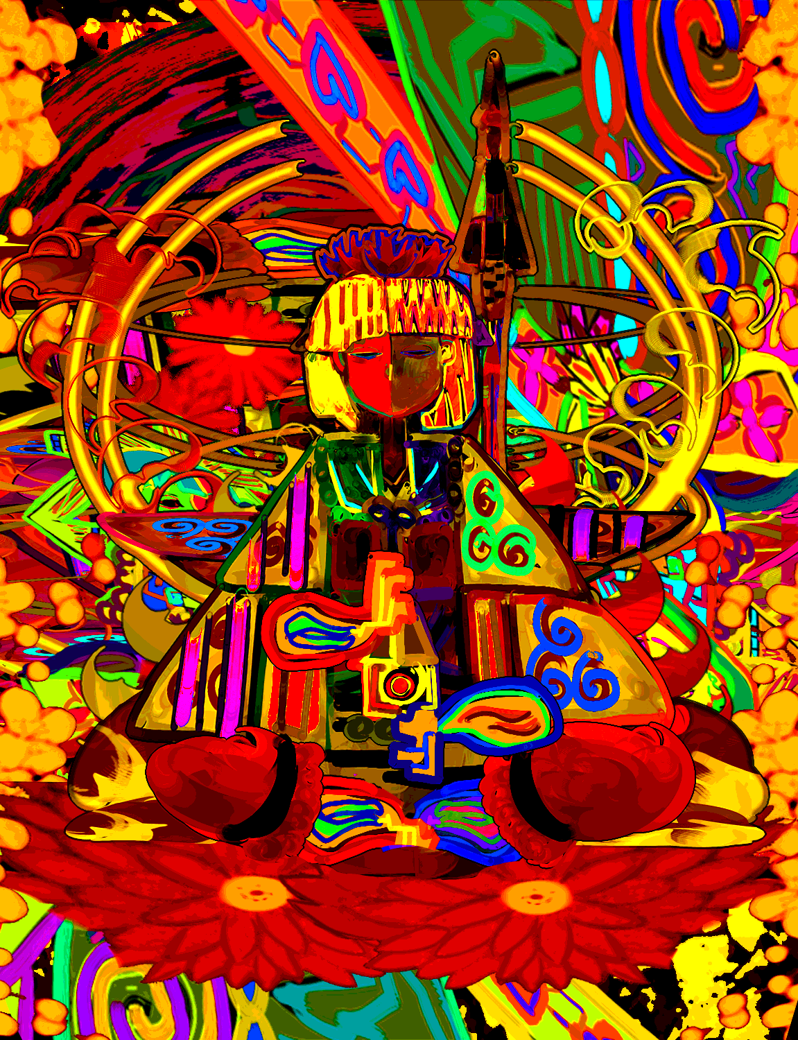 colorful, flower, highres, indian_style, lotus_position, sitting, toramaru_shou, touhou
