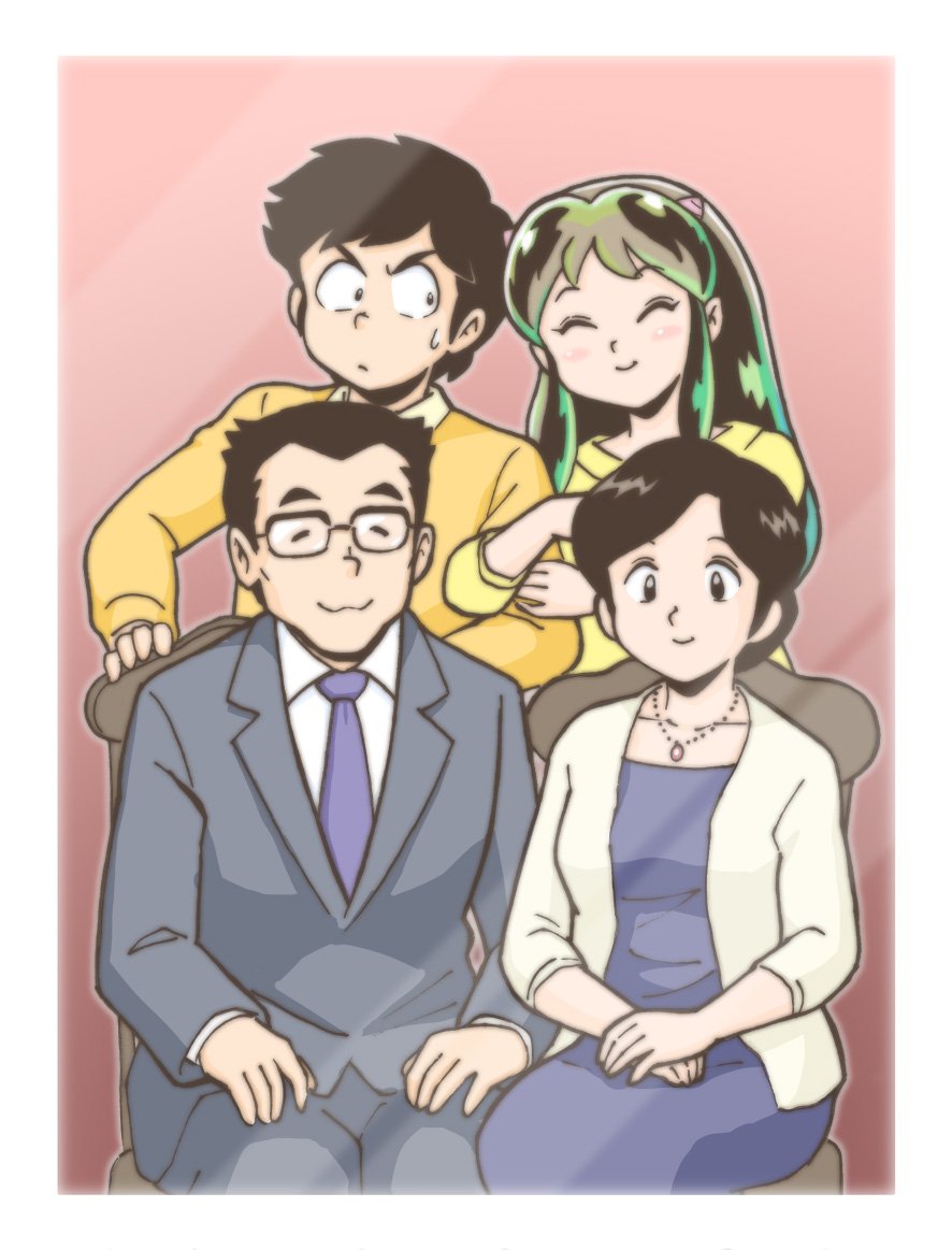 2boys, 2girls, ^_^, arm_hug, ataru's_father, ataru's_mother, black_eyes, black_hair
