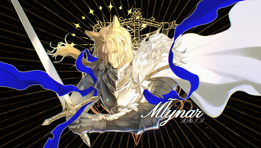 1boy, animal_ears, arknights, armor, blonde_hair, blue_ribbon, cape, character_name