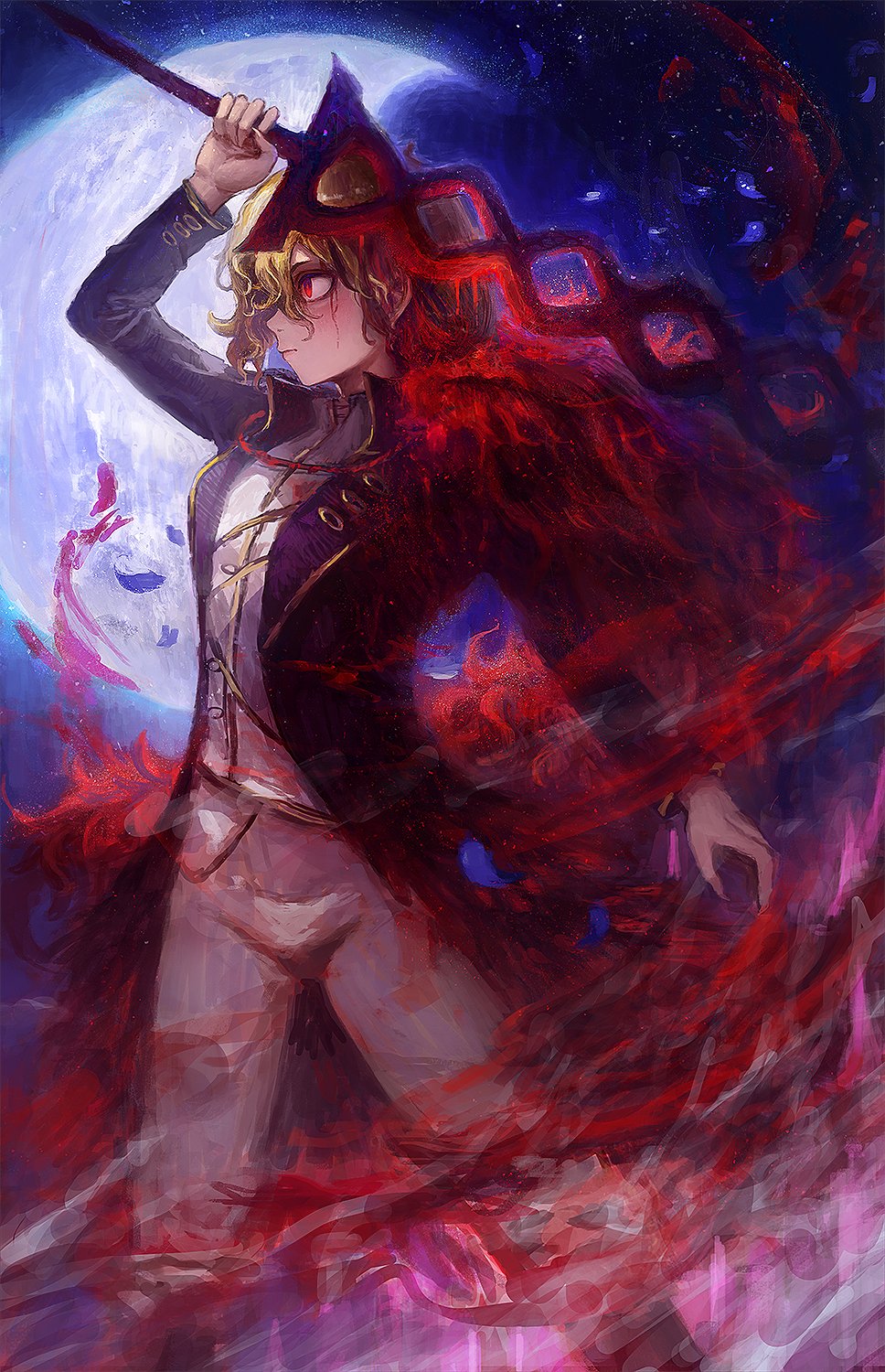 1girl, black_coat, blonde_hair, blood, blood_on_clothes, coat, crescent_moon, de_rvert