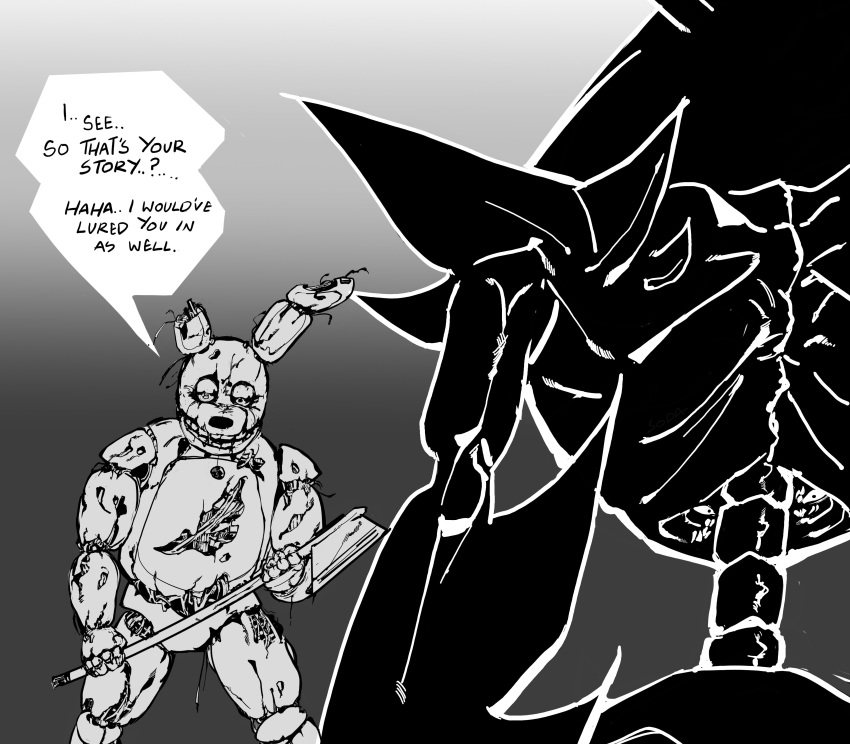 1boy, 1other, absurdres, animal_ears, animatronic, axe, commentary, cyborg
